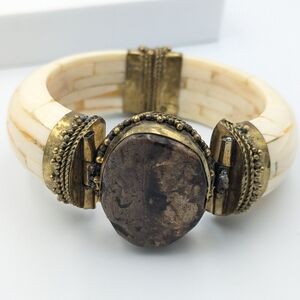 Brass, bone, and stone heavy magnetic bangle bracelet
